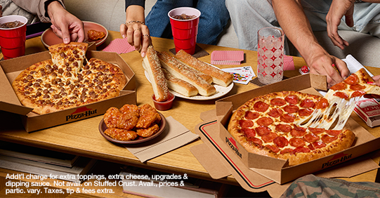 Big Dinner Box. 2 medium pizzas, 5 breadsticks, 8 boneless wings. Additional charge for extra toppings, extra cheese, upgrades, and dipping sauce. Not available on Stuffed Crust. Availability, prices, and participation vary. Taxes, tip, and fees extra.